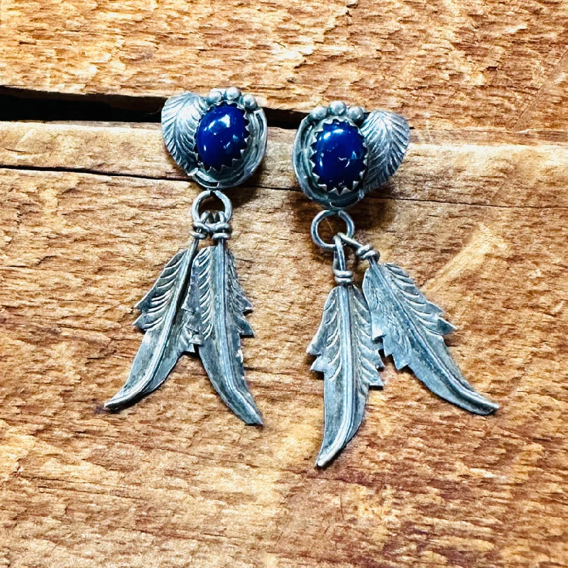 Navajo Sterling Silver & Blue Azurite Pierced Post Feather Earrings