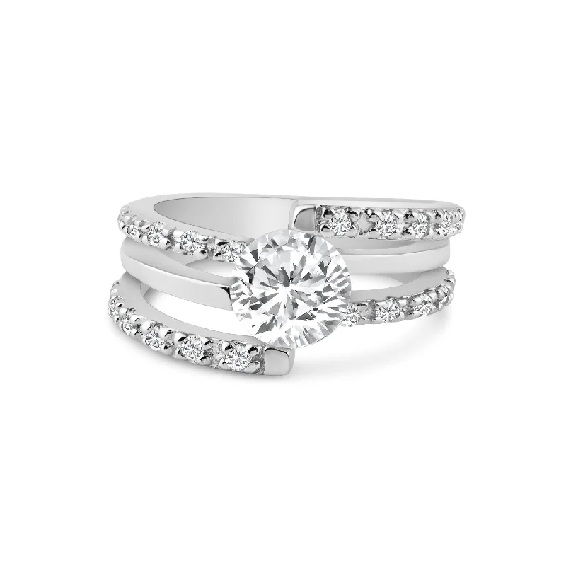 Silver 925 Rhodium Plated Clear Round Center CZ Intertwining Ring - AAR0066