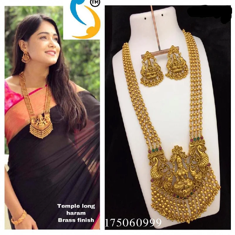 Sai Fashion Gold Plated Pink & Green Pota Stone Traditional Long Necklace Set