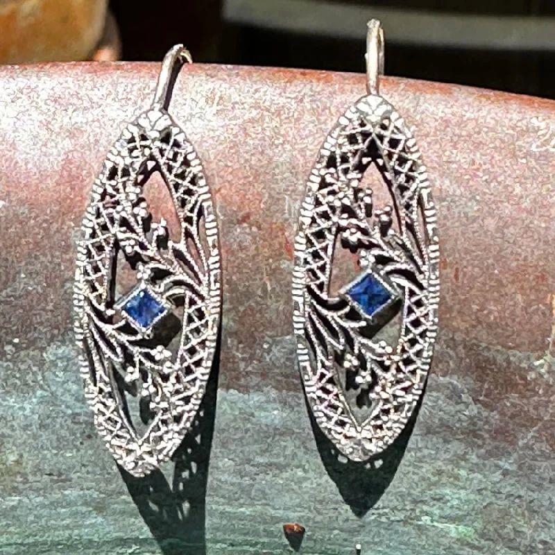 Antique 18k White Gold & Blue Sapphire Filigree Earrings