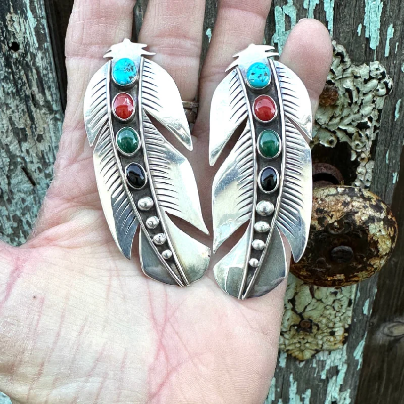 Navajo Sterling Silver & Gemstone Large Feather Pierced Post Earrings