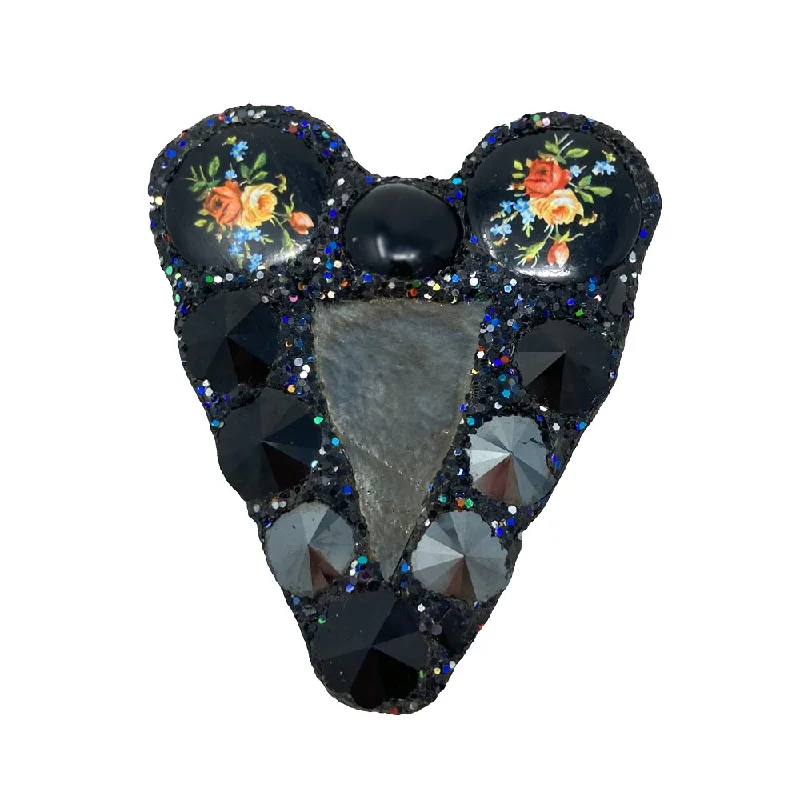 BLACK HEART BROOCH WITH PAINTED FLOWER BEADS