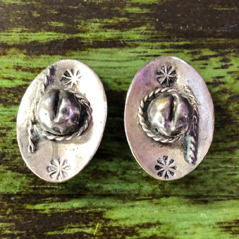 Vintage Mexican Sterling Silver Western Hat Clip On Earrings