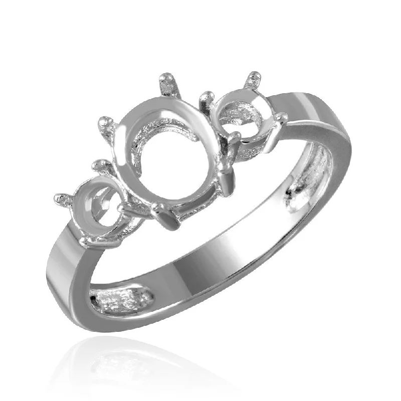 Silver 925 Rhodium Plated 3 Stone Oval Center Mounting Ring - BGR00483