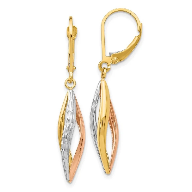 Curata Tri-color 14k Gold Diamond-Cut Open Barrel Leverback Earrings (7mm x 39mm)