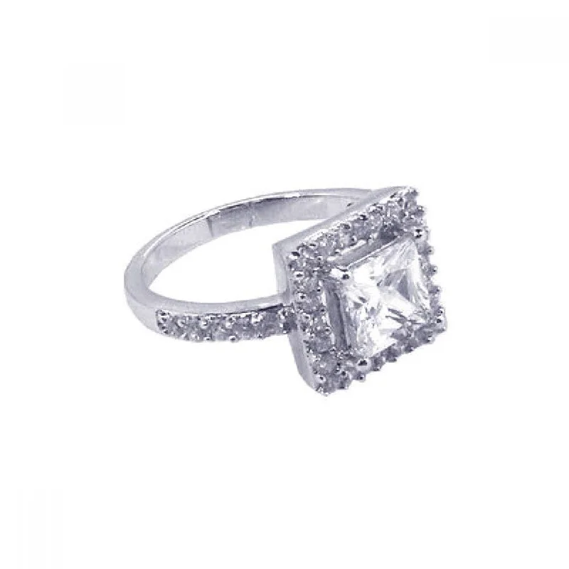 Silver 925 Rhodium Plated Square Center Cluster CZ Ring - STR00419