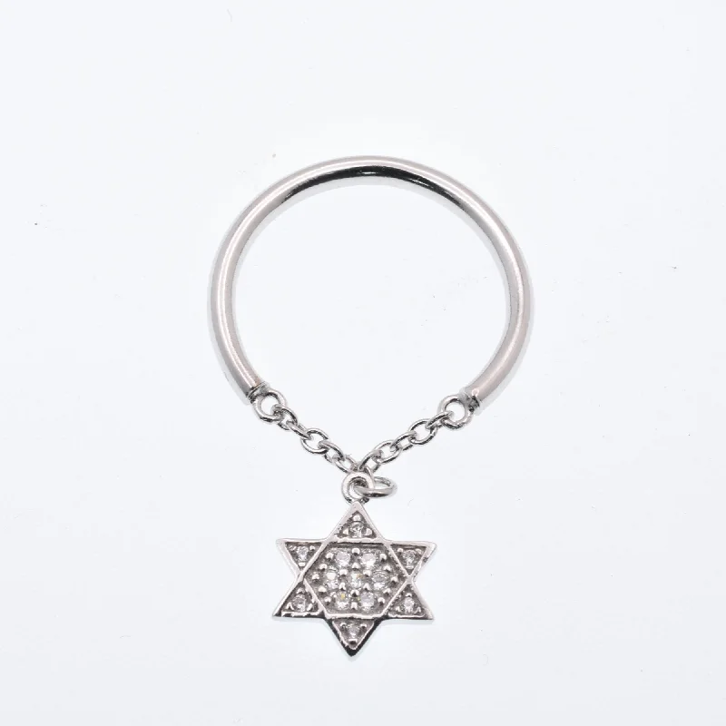 925 Sterling Silver Nickel Free Rhodium Plated Half Ring Chain Dangling Star of David Clear CZ Ring - STR01013