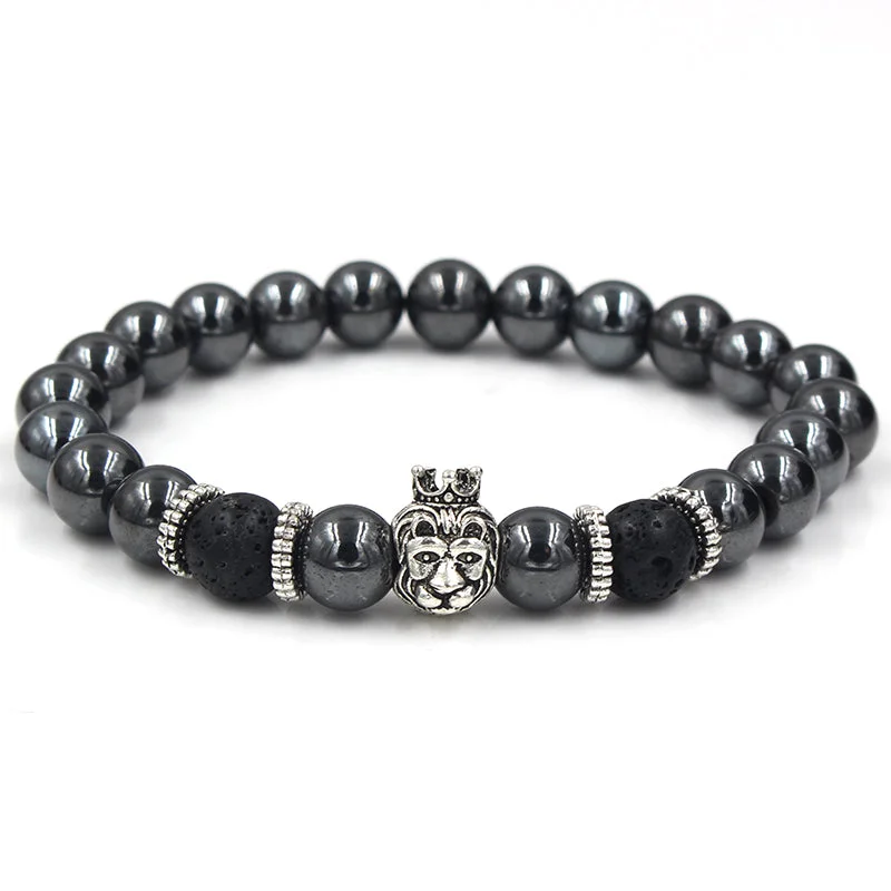 Temecula Crowned Silver Lion Black Hermatite Beaded Bracelet