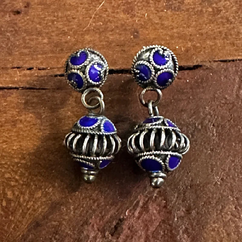 Vintage Sterling Silver & Indigo Enamel Canetille Pierced Post Earrings