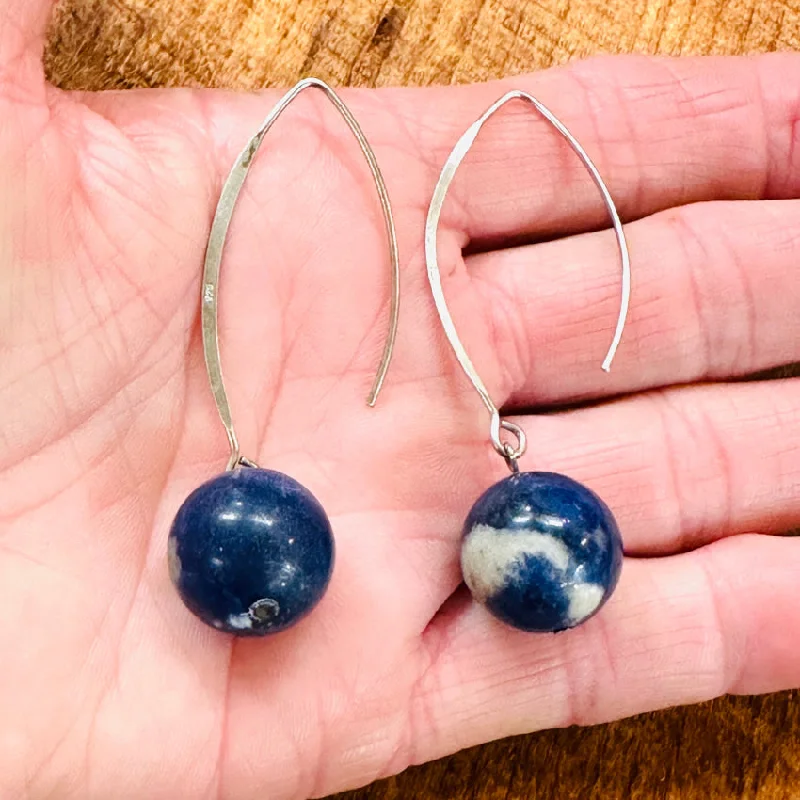 Vintage Hammered Sterling Silver Earrings Sodalite Beads