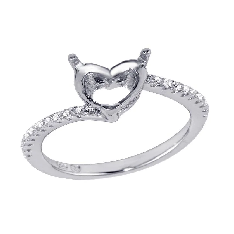 Rhodium Plated 925 Sterling Silver Asymmetrical Heart Stone Mounting Ring with CZ - BGR01061