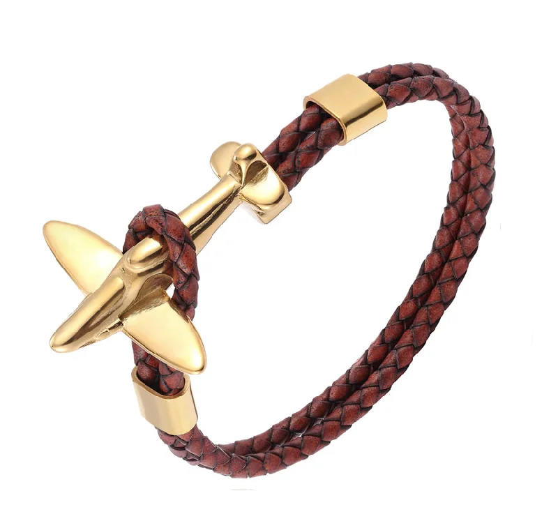 Agoura Hills Leather Rope Chain Airplane Bracelet, Coffee / Gold