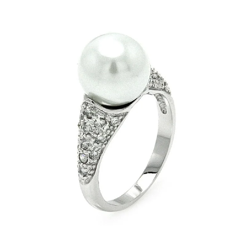 Silver 925 Rhodium Plated Pearl Center Clear Pave Set CZ Ring - BGR00580