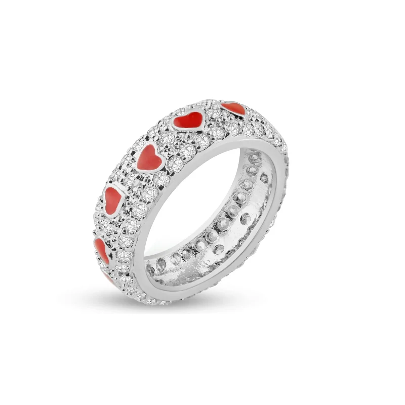 Silver 925 Rhodium Plated Red Enamel Heart Pave Set CZ Eternity Ring - STR00549