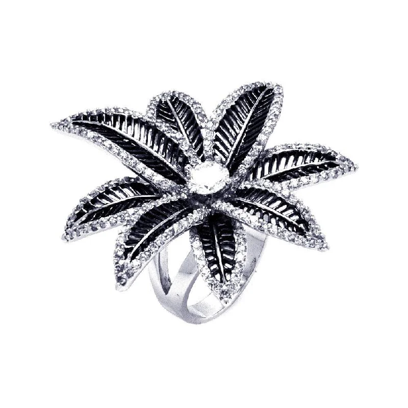 Silver 925 Rhodium and Black Rhodium Plated 2 Toned Round Center CZ Spiny Flower Ring - BGR00309