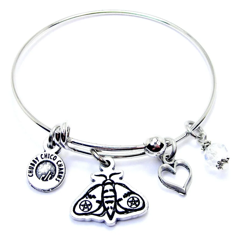 Moth With Pentacle On Wings Expandable Bangle Bracelet