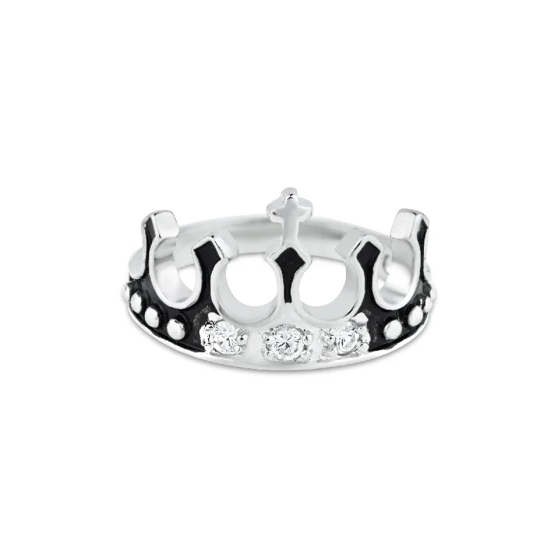 Silver 925 Rhodium Plated Black Enamel CZ Crown Ring - BGR00036