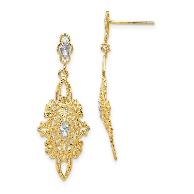 Curata 14k Yellow Gold Dangle Rhodium Sparkle Cut Filigree Dangle Earrings 36x13mm