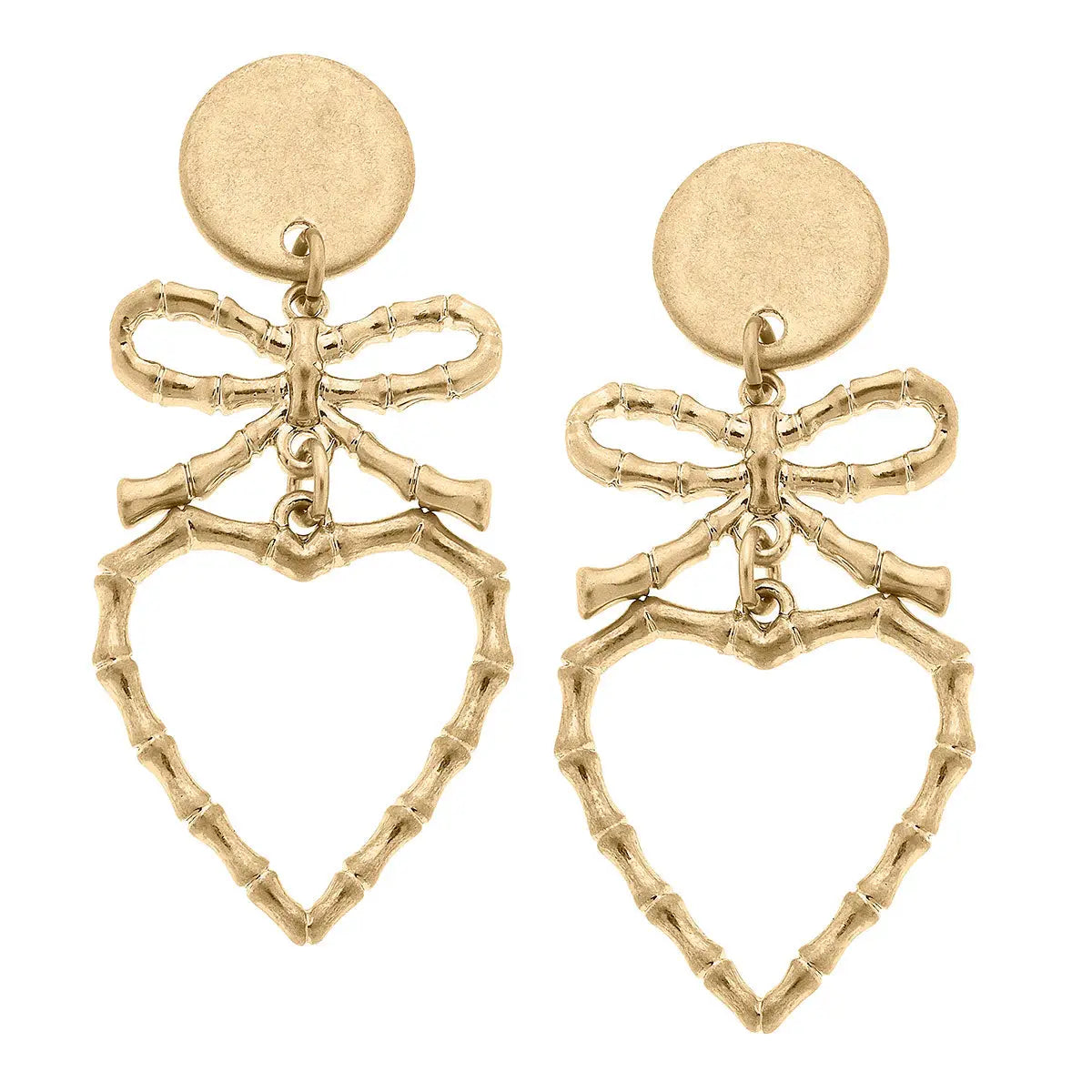 Avie Heart & Bow Drop Earrings in Worn Gold