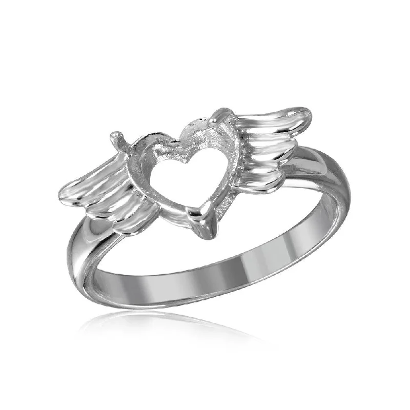 Silver 925 Rhodium Plated Heart with Wings Mounting Ring - BGR01217