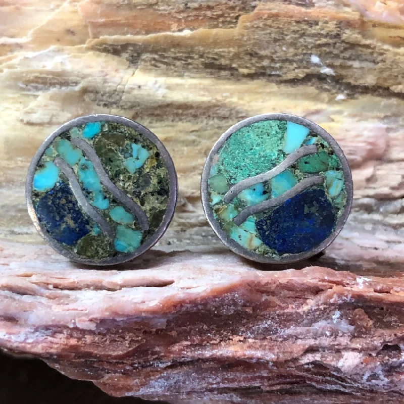 Vintage Mexican Los Castillo Turquoise Chip Mosaic Screw Back Earrings