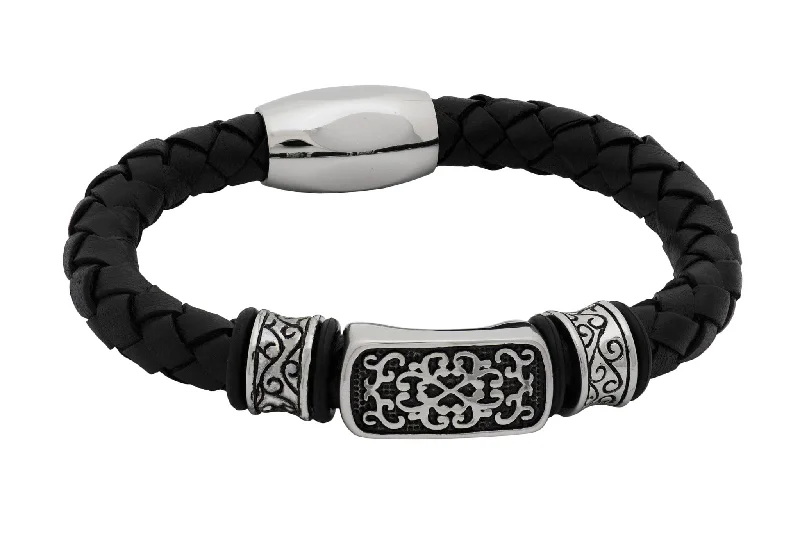 Livingston Black Leather Stainless Steel Bracelet