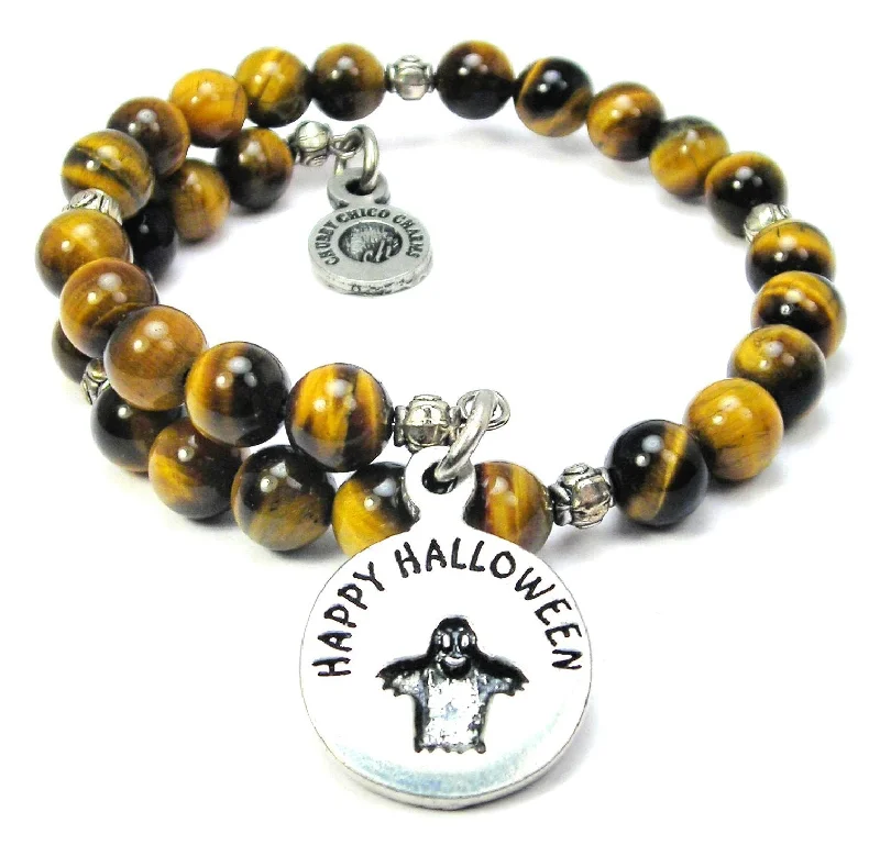 Happy Halloween With Ghost Tiger's Eye Glass Beaded Wrap Bracelet