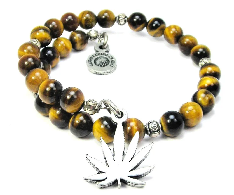 Marijuana Leaf Tiger's Eye Glass Beaded Wrap Bracelet