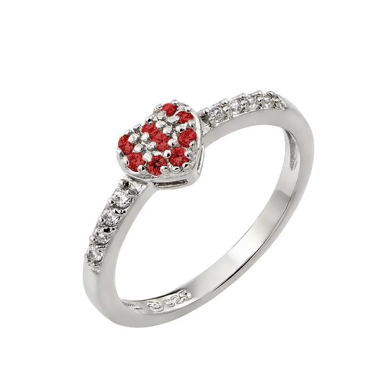 Rhodium Plated 925 Sterling Silver Clear Inlay CZ January Birthstone Heart Ring  - BGR00784JAN