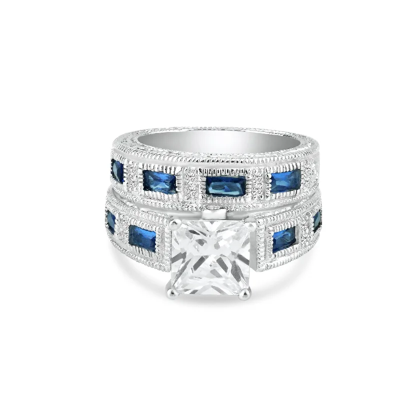 Silver 925 Rhodium Plated Blue Baguette and Clear CZ Ornate Ring - STR00482