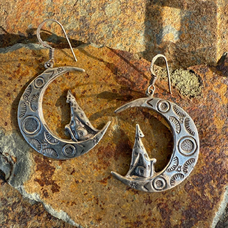 Sterling Silver Howling at the Moon Pierced Earrings