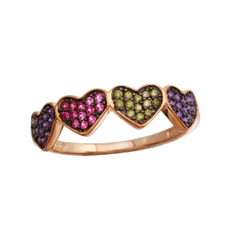 Rose Gold Plated 925 Sterling Silver 4 Heart Ring with Multi-Colored CZ - BGR01236