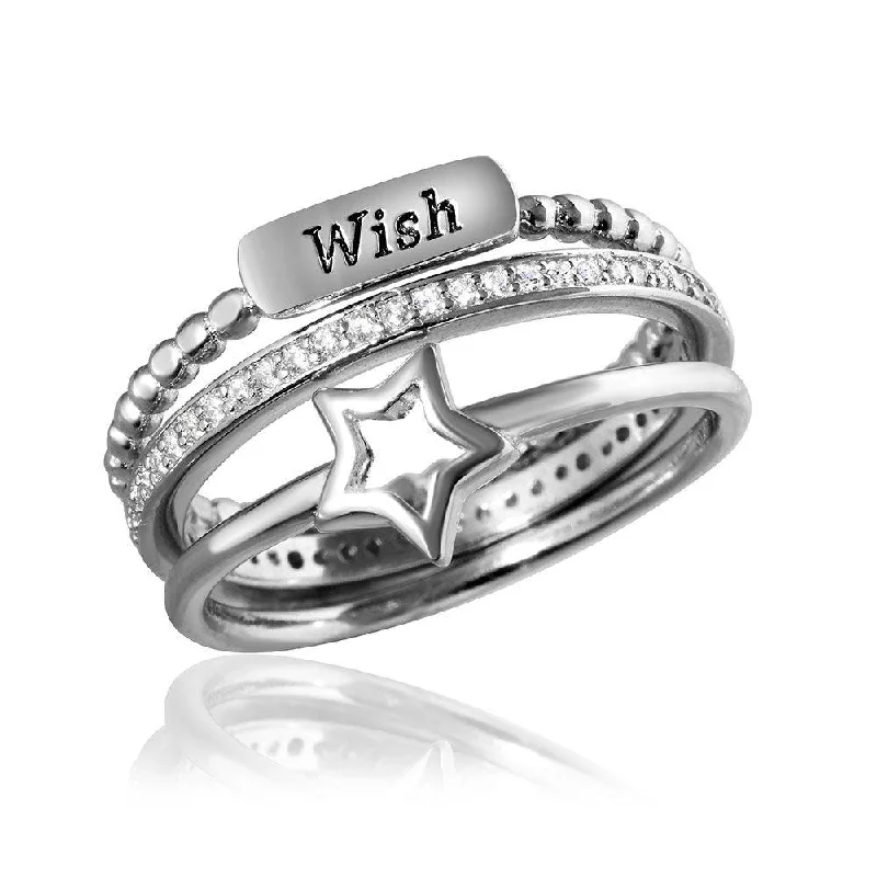 Silver 925 Rhodium Plated Triple Band Wish Star Wedding Ring with CZ - STR01061