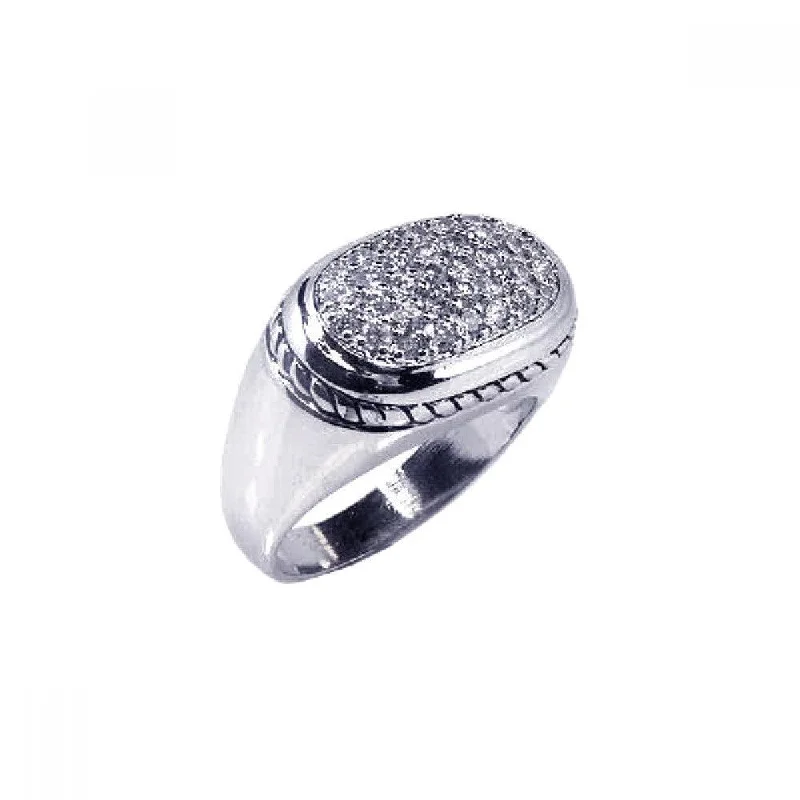 Silver 925 Rhodium Plated Micro Pave Clear CZ Oval Ring - STR00294