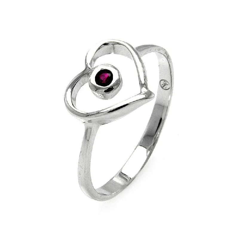 Silver 925 Rhodium Plated Small Red CZ Open Heart Ring - STR00900