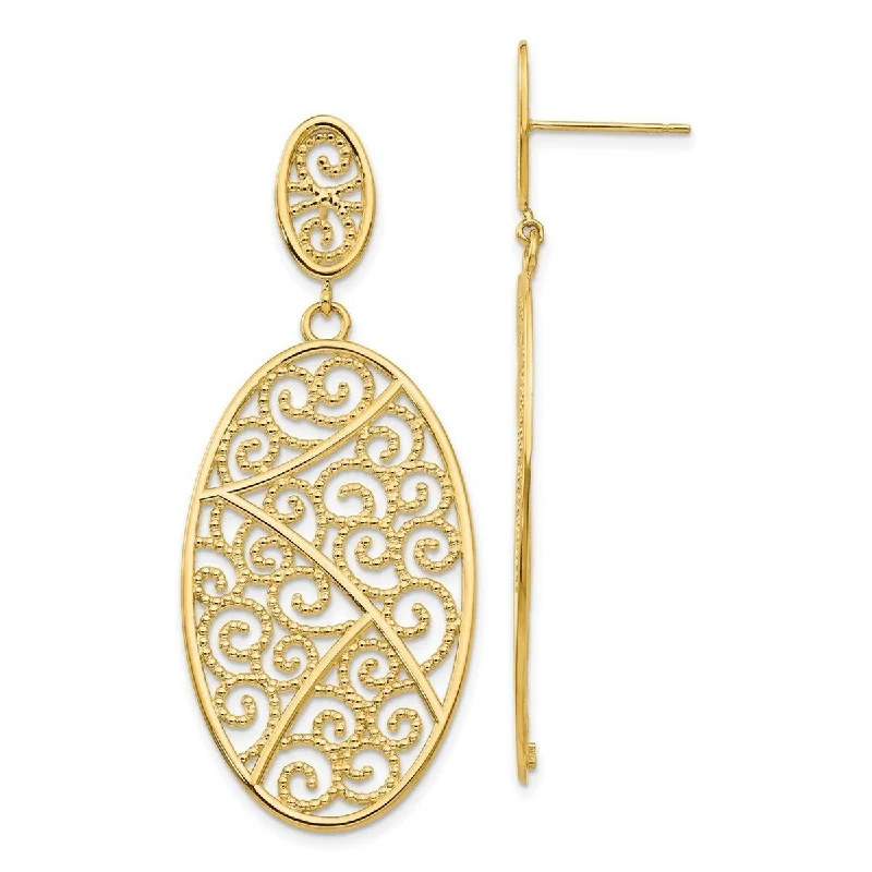 Curata 14k Yellow Gold 54x21mm Filigree Double Oval Long Drop Dangle Earrings