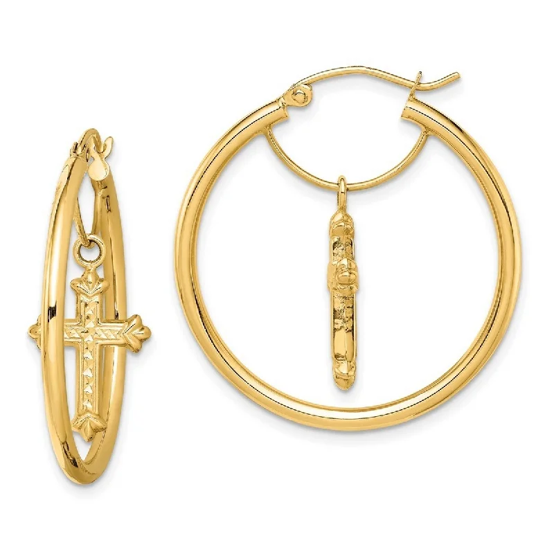 Curata 14k Yellow Gold Cross Dangle Hoop Earrings - 31x29.85mm