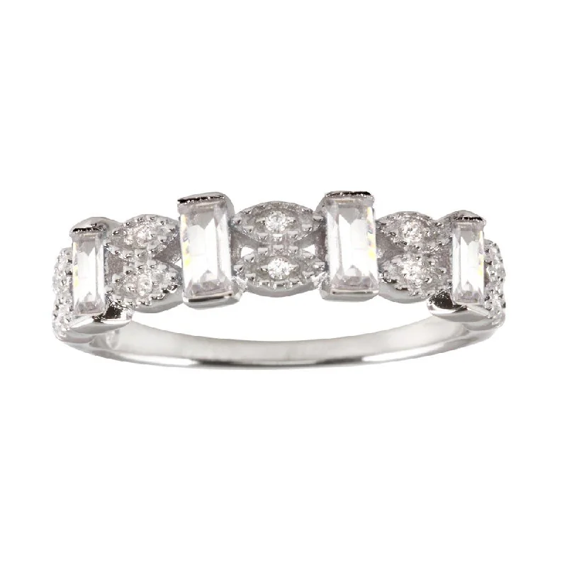 Rhodium Plated 925 Sterling Silver Clear Bar CZ Link Ring - BGR01223CLR