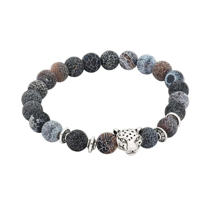 Oakley Silver Leopard Black & Grey Agate Beaded Bracelet