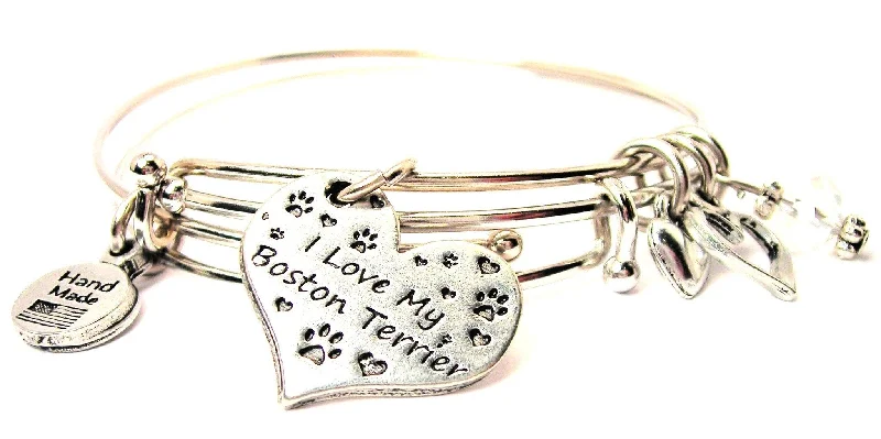 I Love My Boston Terrier Heart Expandable Bangle Bracelet Set