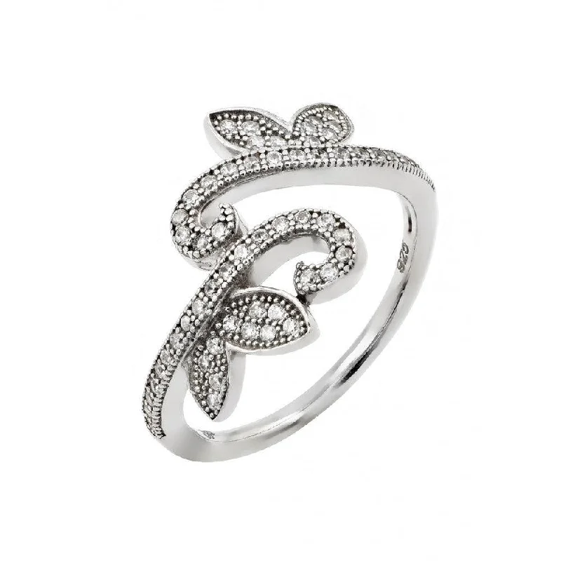 Silver 925 Rhodium Plated Pave Set Clear CZ Leaf Vine Ring - GMR00007