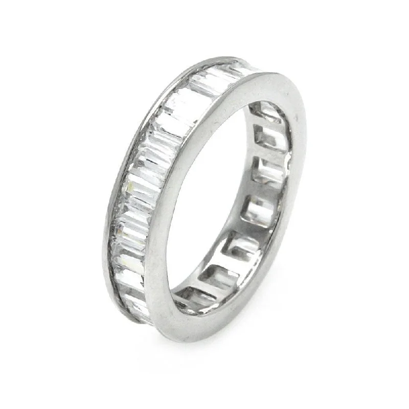 Clearance-Silver 925 Rhodium Plated Channel Set Baguette CZ Stackable Eternity Ring - STR00124CLR