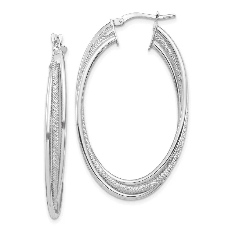 Curata 14k White Gold Polished and Textured Twisted Fancy Hoop Earrings - 43.38x25.9mm Wide