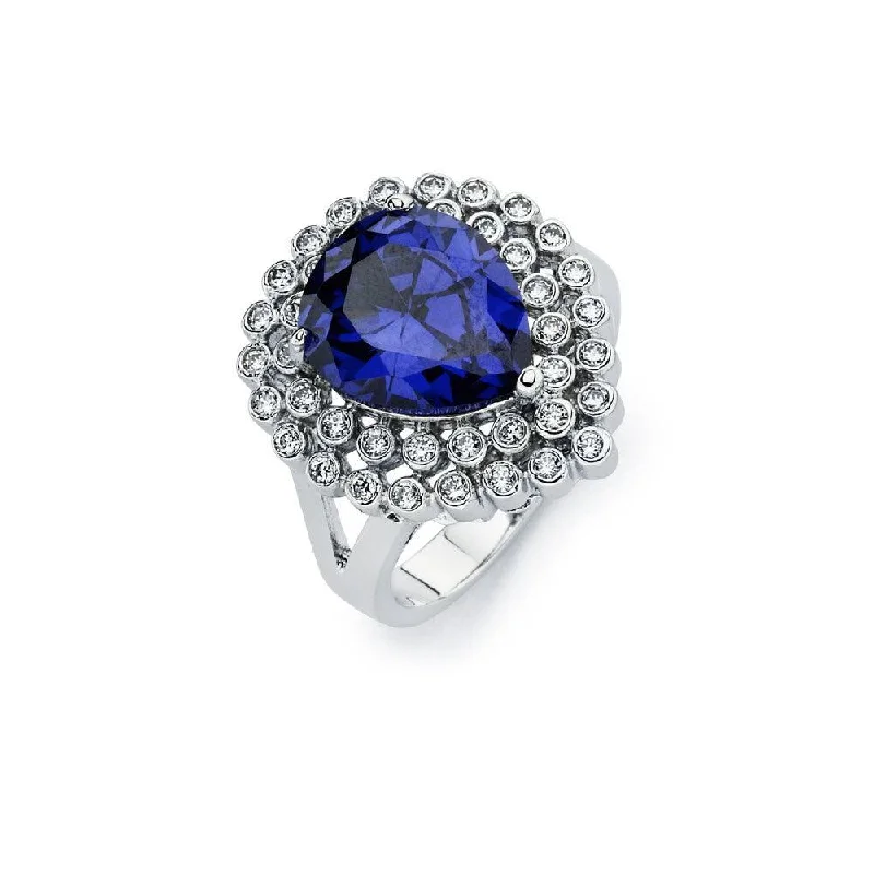 Silver 925 Rhodium Plated Blue Pear Center and Clear Round Cluster CZ Ring - BGR00747