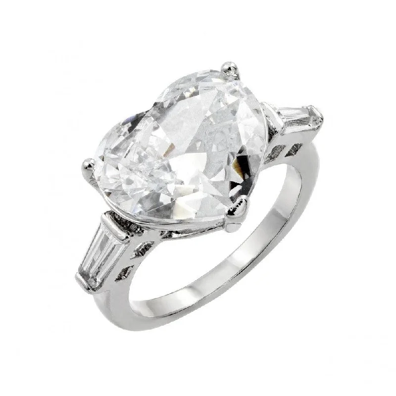 Silver 925 Rhodium Plated Larger Clear CZ Heart Ring - BGR00844