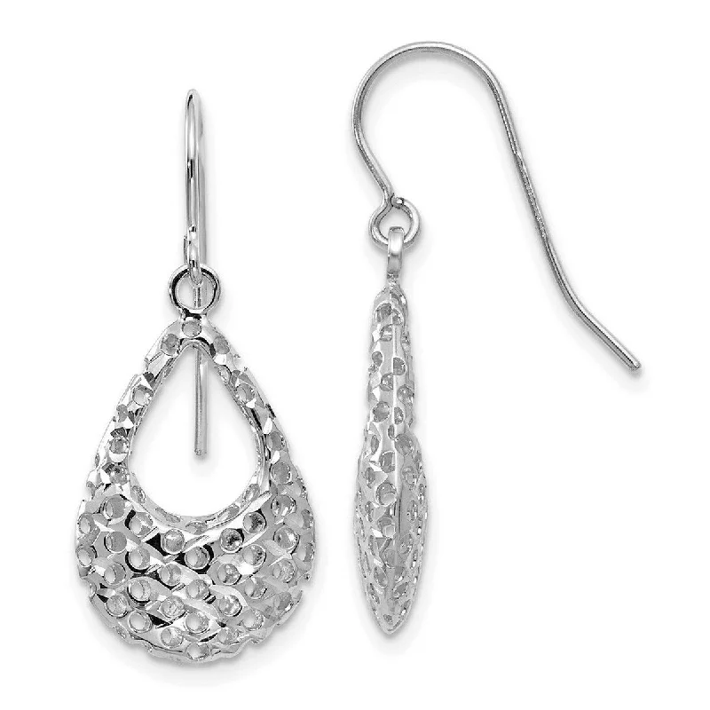 14k White Gold 28x12 Textured Open Tear Drop Hook Earrings - Orange