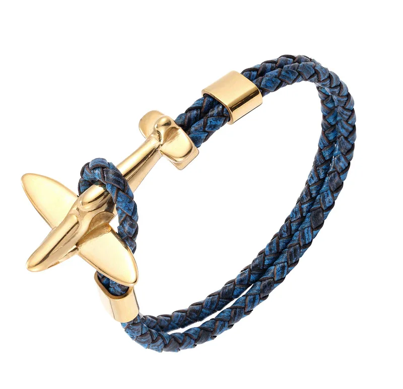 Agoura Hills Leather Rope Chain Airplane Bracelet, Blue & Black / Gold