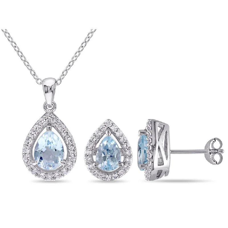 Miadora Sterling Silver Pear-cut Sky Blue Topaz and Created White Sapphire Halo Teardrop Necklace and Stud Earrings 2-Piece Set