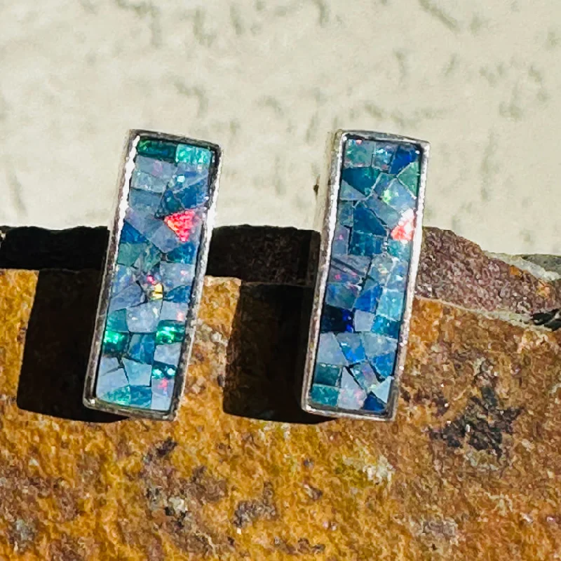 Sterling Silver Pierced Post Bar Earrings Opal Chip Mosaic