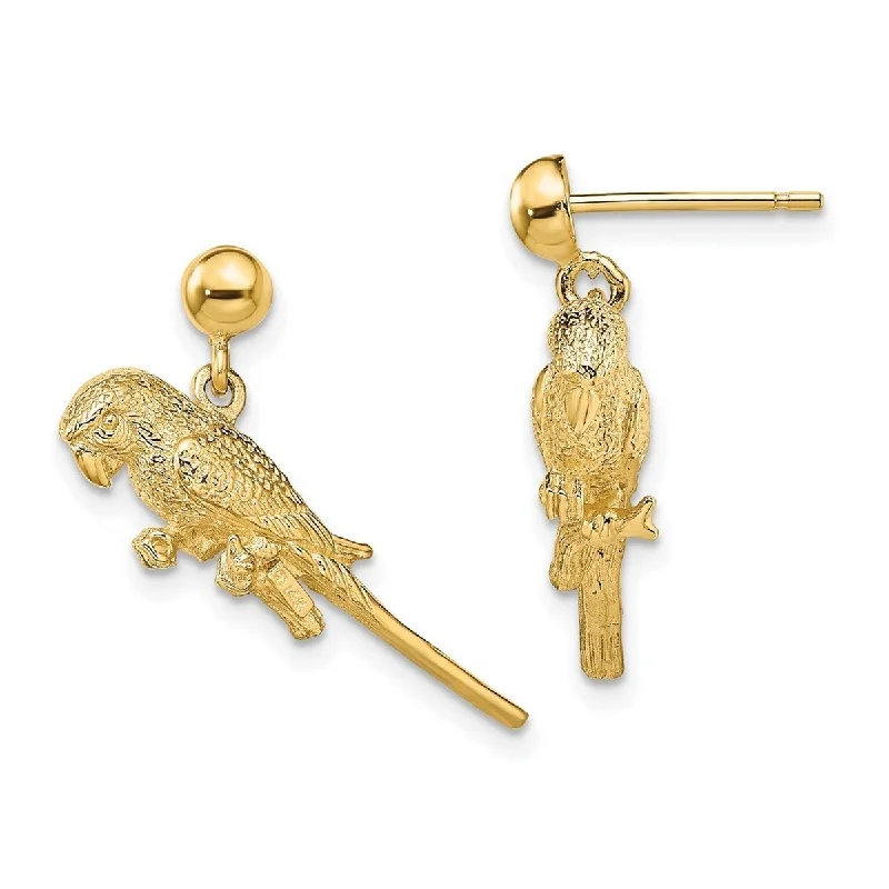 Curata 14k Yellow Gold 3 d Parrot Long Drop Dangle Earrings - 13.5x24.45mm